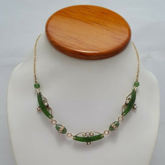 Vintage 9K Karat Solid Yellow Gold English Jade & Pearl Link Chain Necklace - Picture 1 of 12